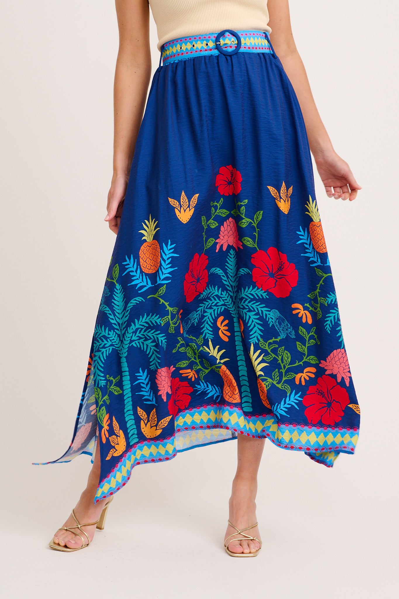 Avi Maxi Skirt in Navy Multi Tropical Linen Blend front
