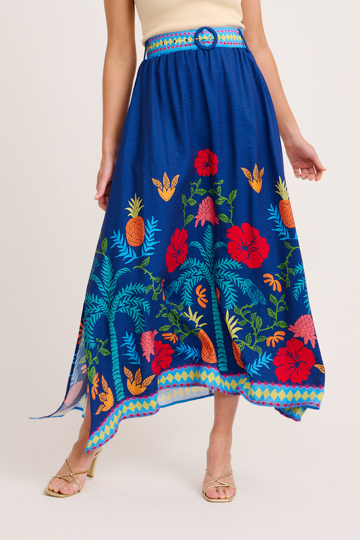 Avi Maxi Skirt in Navy Multi Tropical Linen Blend front