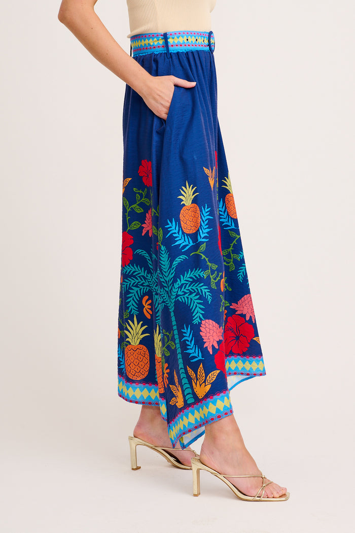 Avi Maxi Skirt in Navy Multi Tropical Linen Blend side