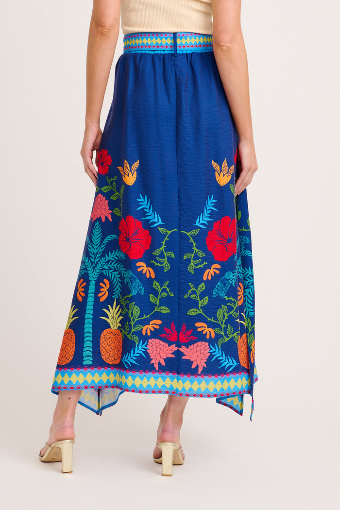Avi Maxi Skirt in Navy Multi Tropical Linen Blend back