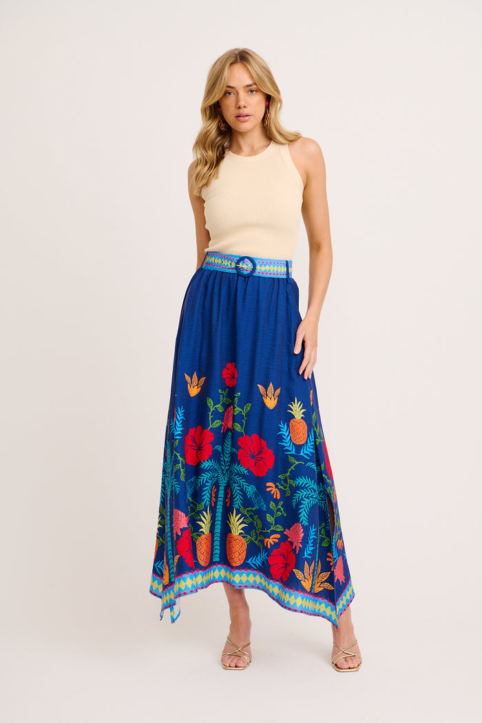 Avi Maxi Skirt in Navy Multi Tropical Linen Blend full length