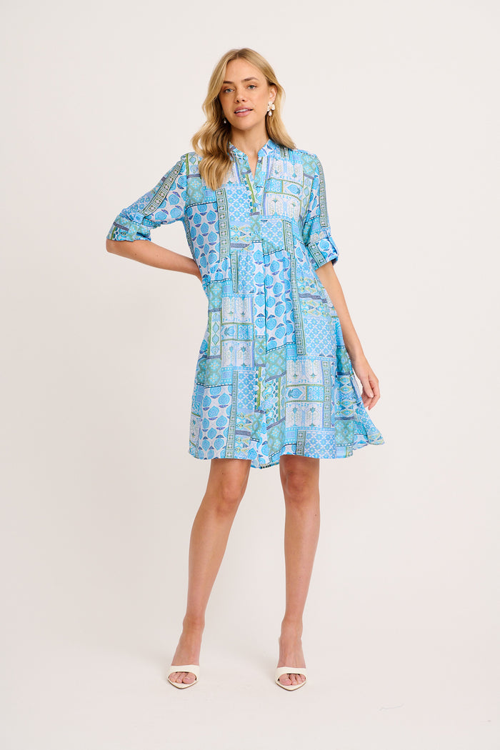 Cool Love Dress in Blue Tile Print full length