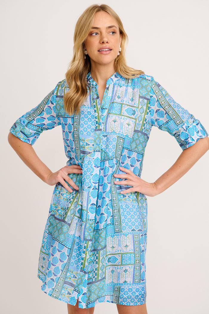 Cool Love Dress in Blue Tile Print front