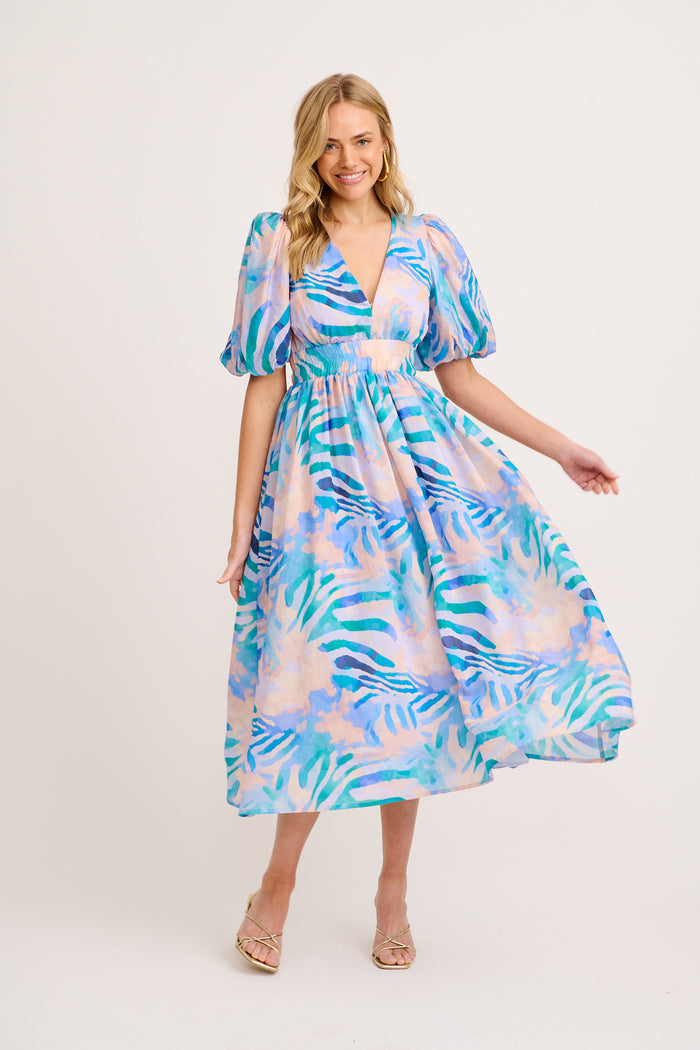 Best Dressed Maxi Dress in Blue Multi Print full length