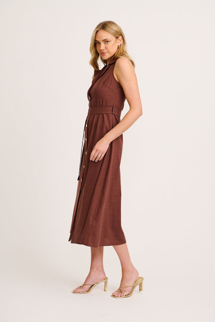 Arlena Maxi Shirt Dress in Chocolate Cotton Linen side