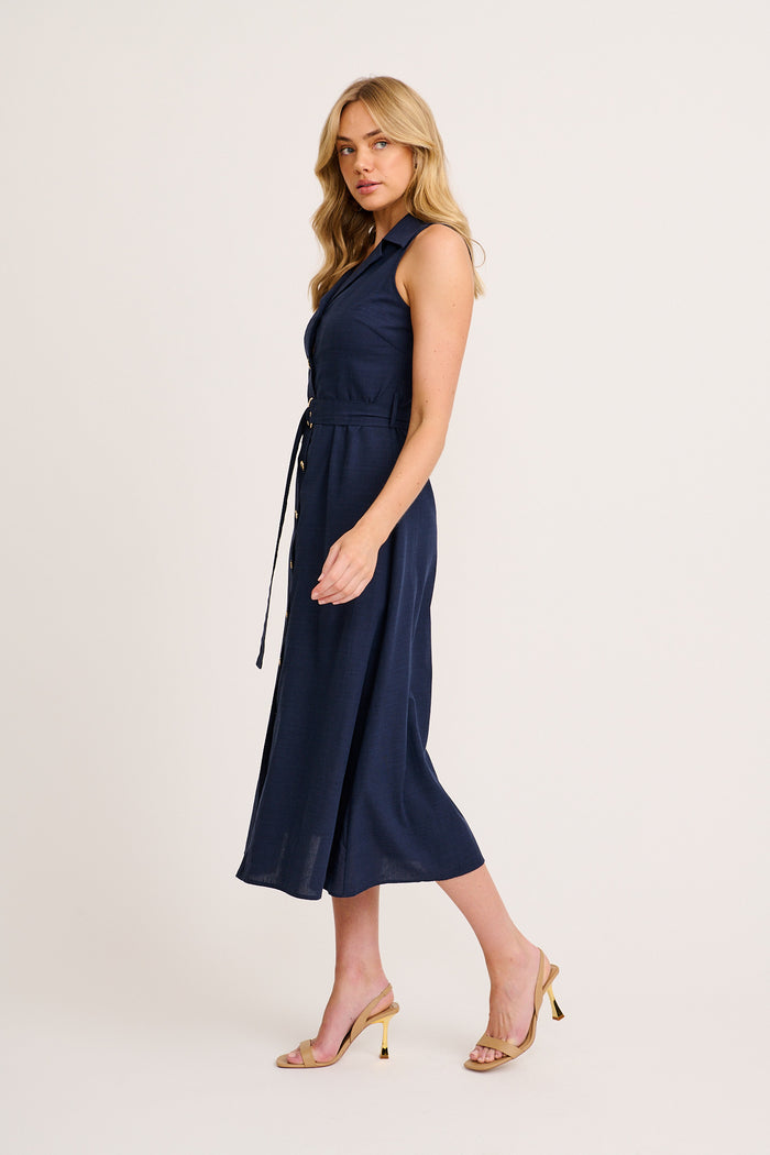 Arlena Maxi Shirt Dress in Navy Cotton Linen side