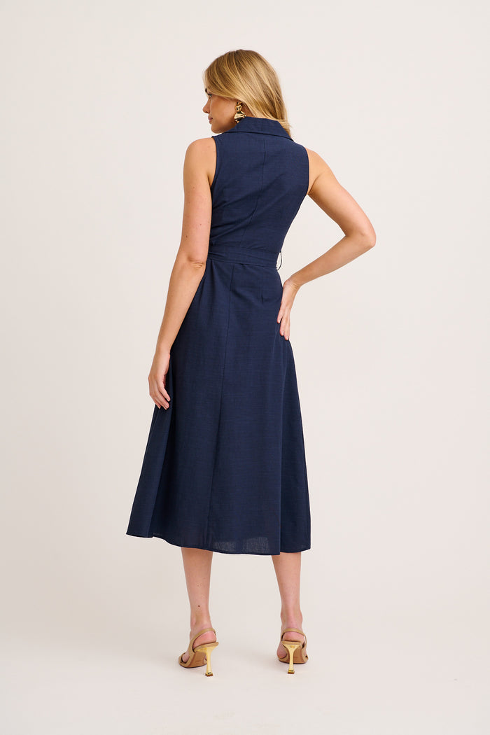 Arlena Maxi Shirt Dress in Navy Cotton Linen back
