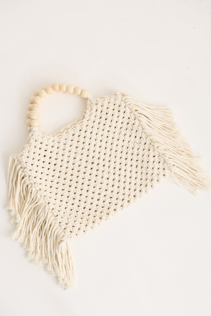 Tonia Macrame Crochet Tote Bag in White flatlay