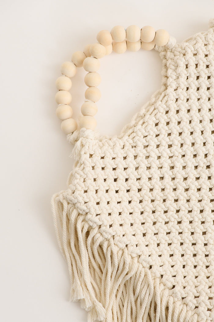 Tonia Macrame Crochet Tote Bag in White flatlay close up
