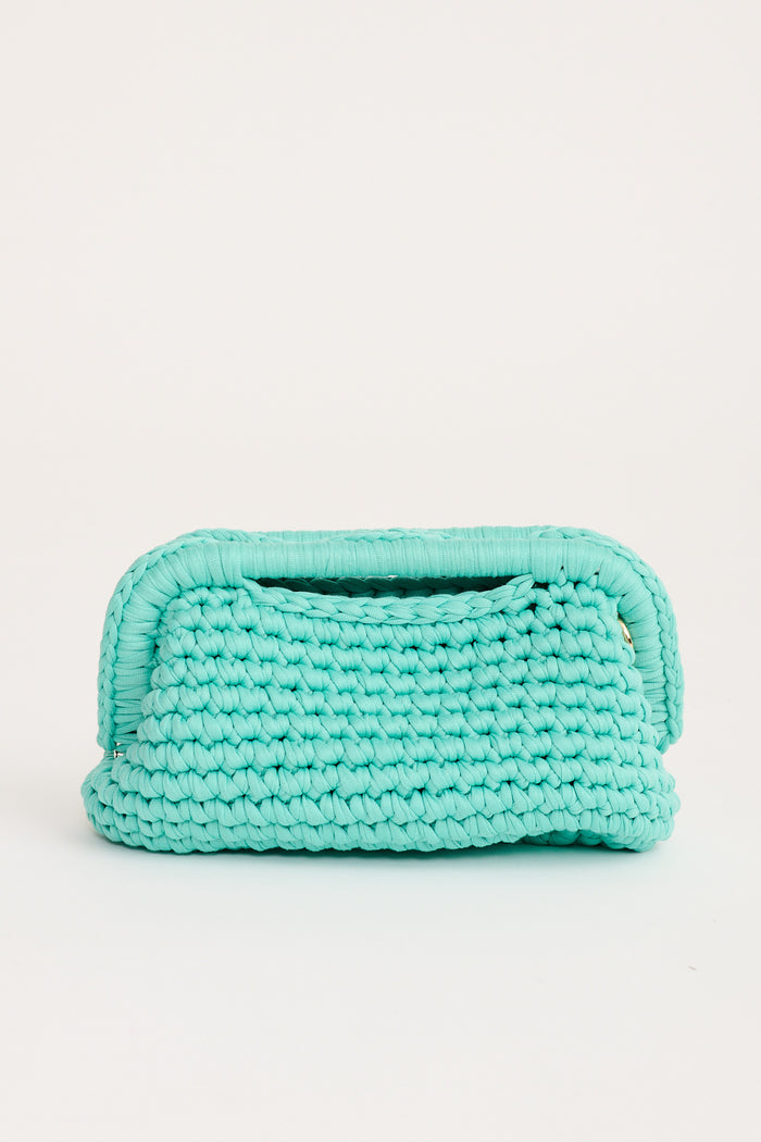 Malacca Cross Body Clutch Bag in Aqua Crochet flatlay