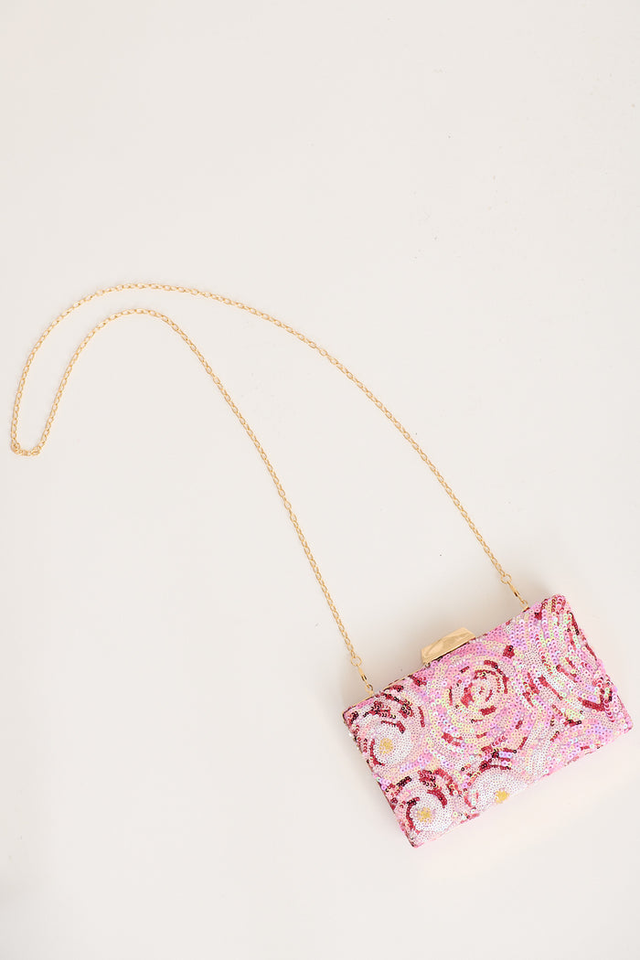 Maribelle Beaded Clutch in Pink Sequin Bloom flatlay strap