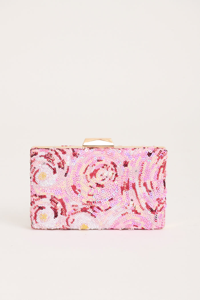Maribelle Beaded Clutch in Pink Sequin Bloom flatlay