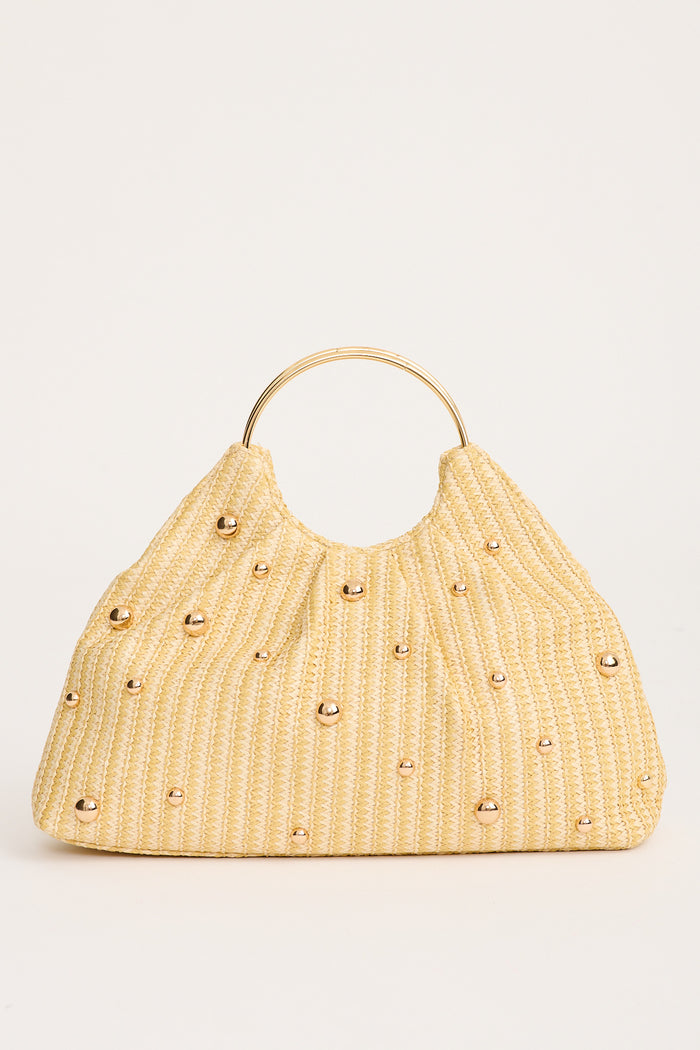 Siena Raffia Circle Handle Bag in Natural with Gold flatlay