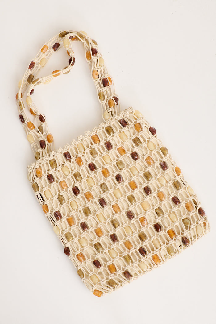 Greta Macrame Shoulder Tote Bag in Neutral with Resin flatlay