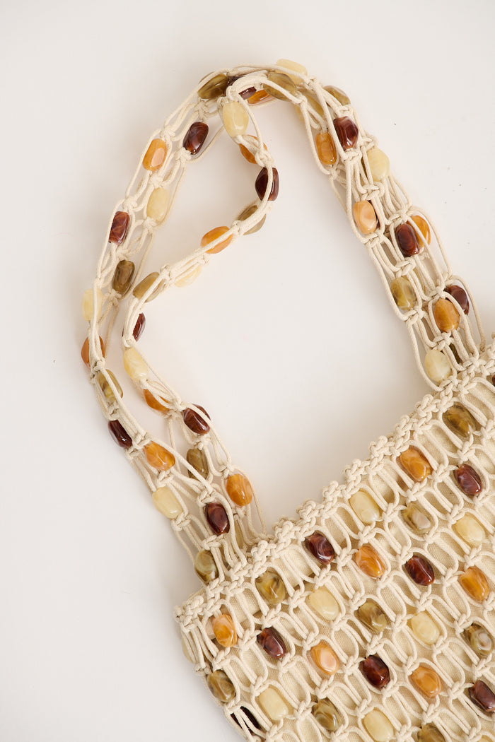 Greta Macrame Shoulder Tote Bag in Neutral with Resin flatlay close up