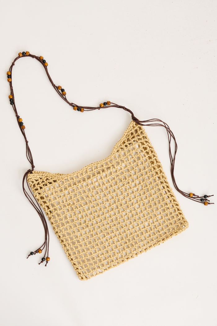 Elodie Woven Tote Bag in Natural Raffia with Beads flatlay