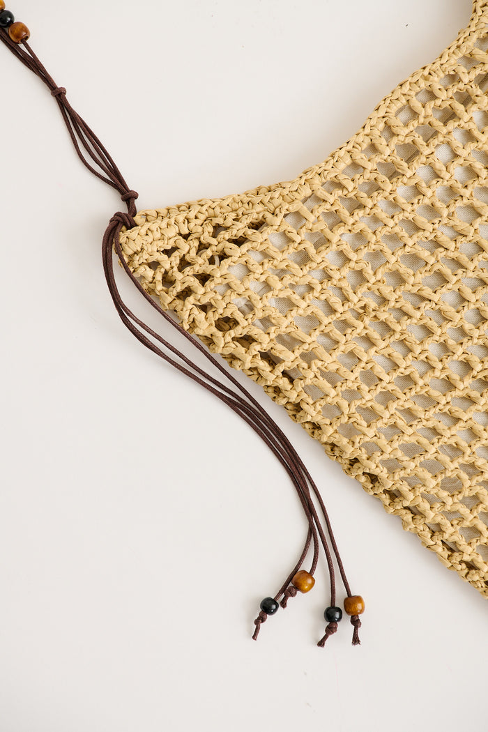 Elodie Woven Tote Bag in Natural Raffia with Beads flatlay close up