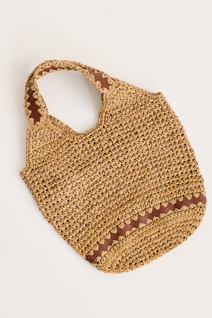 Esme Woven Bag in Natural with Pattern Trim flatlay