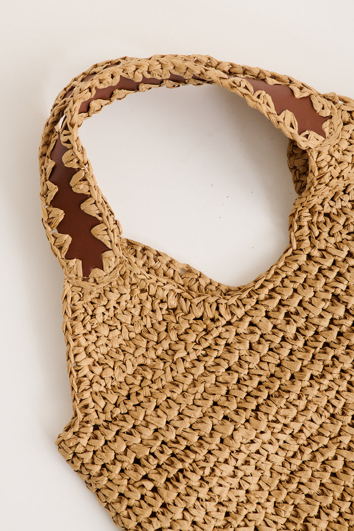 Esme Woven Bag in Natural with Pattern Trim flatlay close up