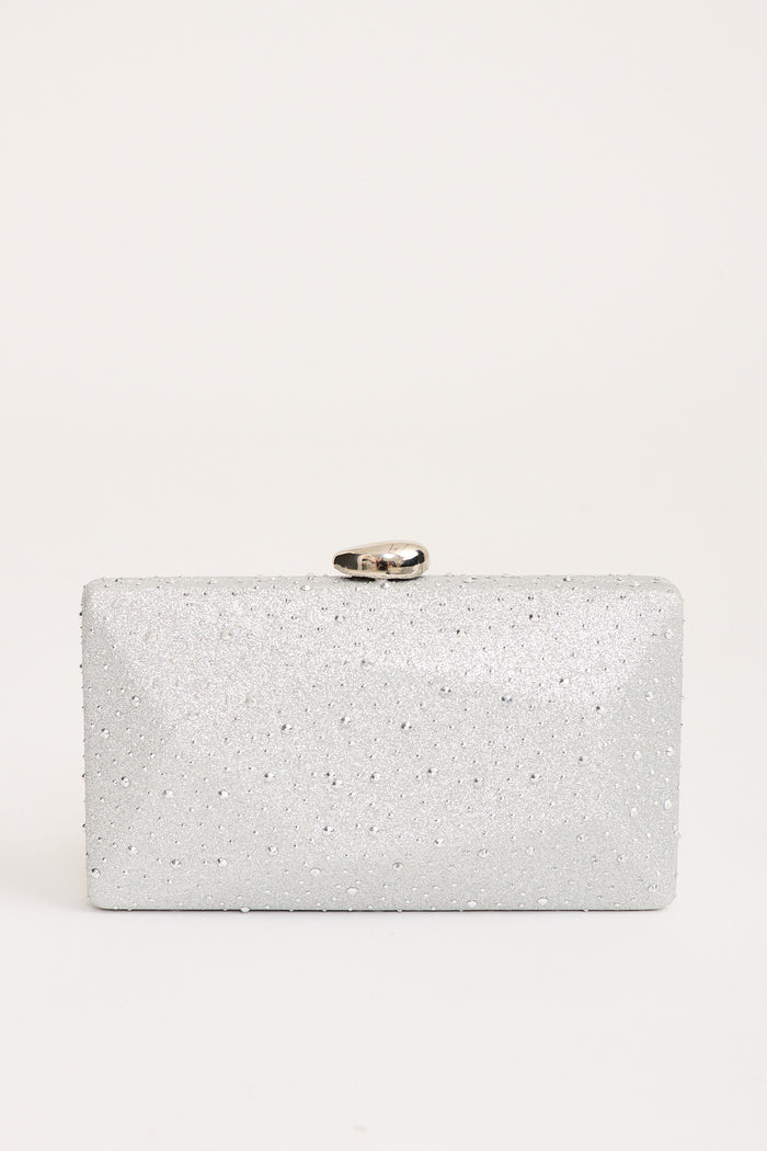 Clara Clutch Bag in Silver flatlay