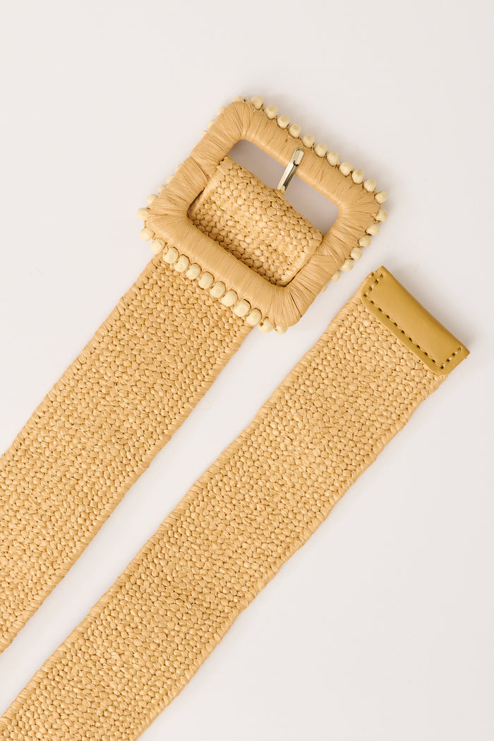 Playa Elastic Braided Square Buckle Belt in Brown Raffia flatlay