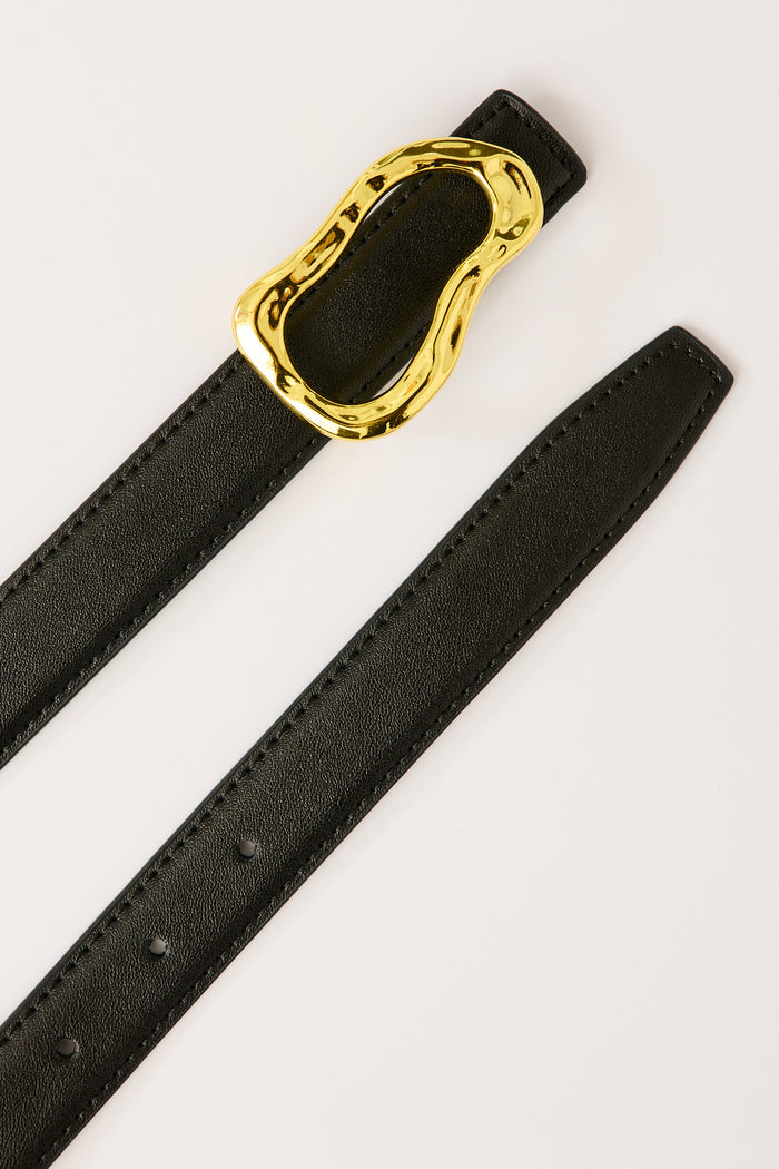 Donita Belt in Black with Gold Irregular Buckle flatlay