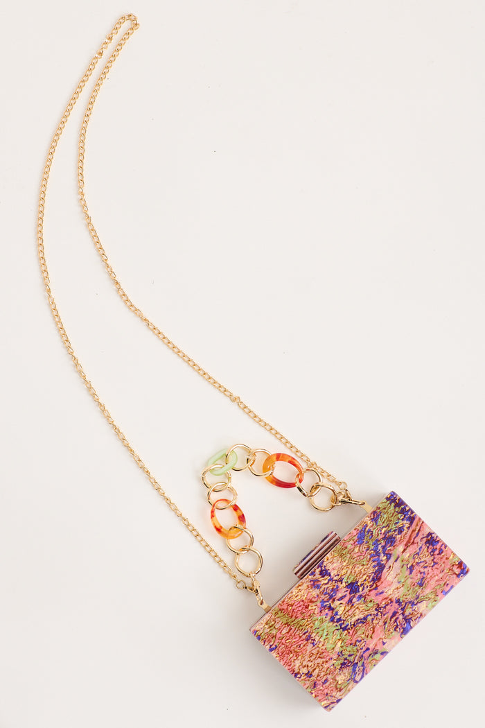 Sabrina Resin Clutch in Multi Confetti with Chain flatlay strap
