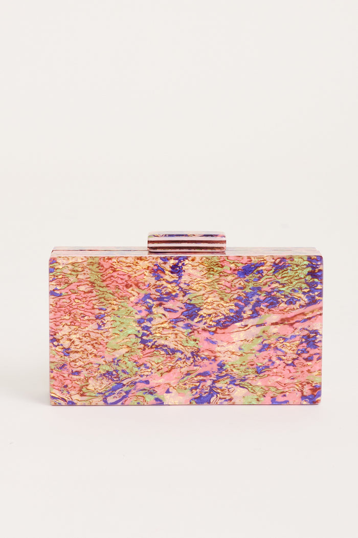 Sabrina Resin Clutch in Multi Confetti with Chain flatlay