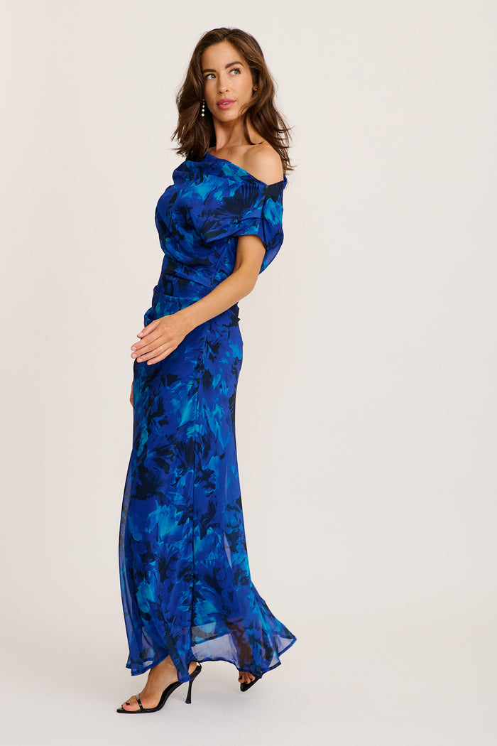 Marielle Off Shoulder Maxi Dress in Blue Watercolour Chiffon side