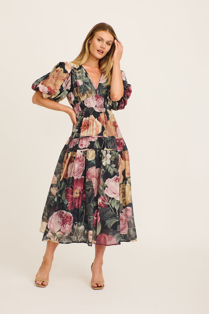 Amalie Midi Dress in Dark Multi Floral full length