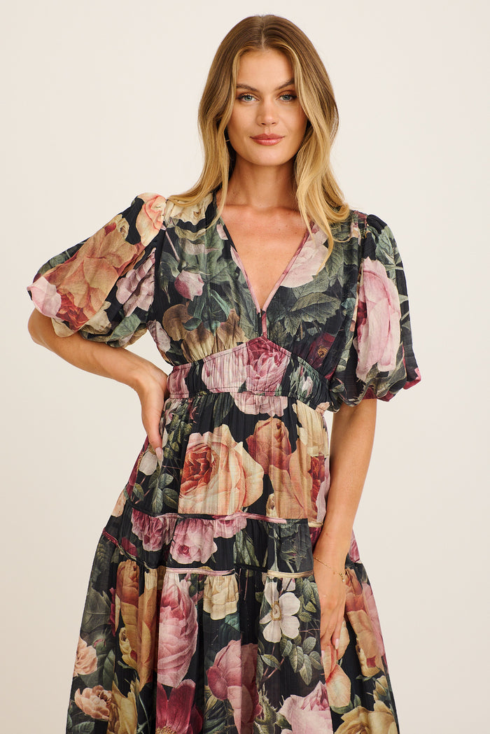 Amalie Midi Dress in Dark Multi Floral front