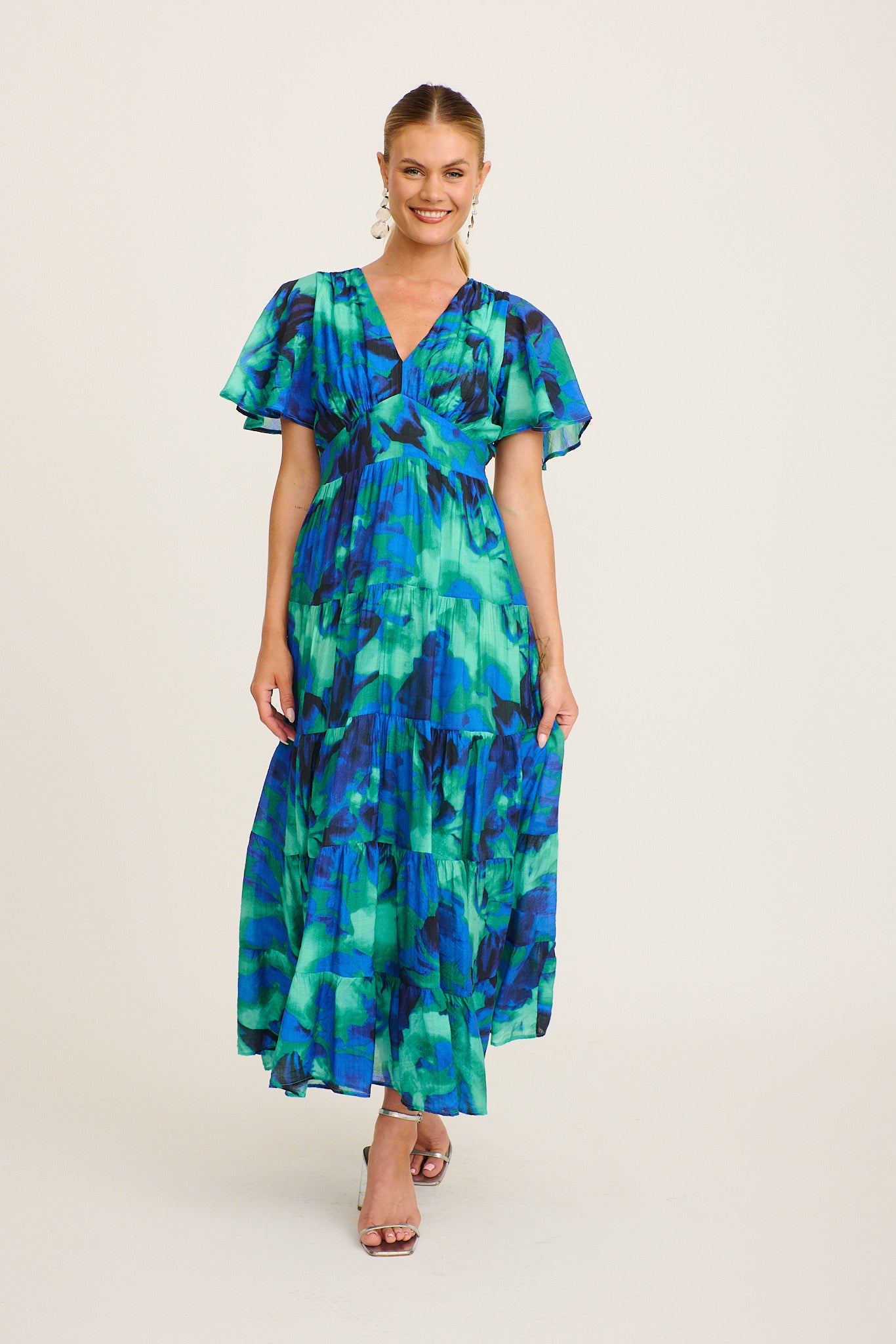 Pastel Symphony Maxi Dress in Blue and Green Watercolour Print full length