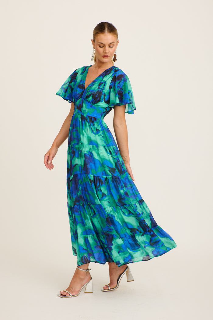 Pastel Symphony Maxi Dress in Blue and Green Watercolour Print side