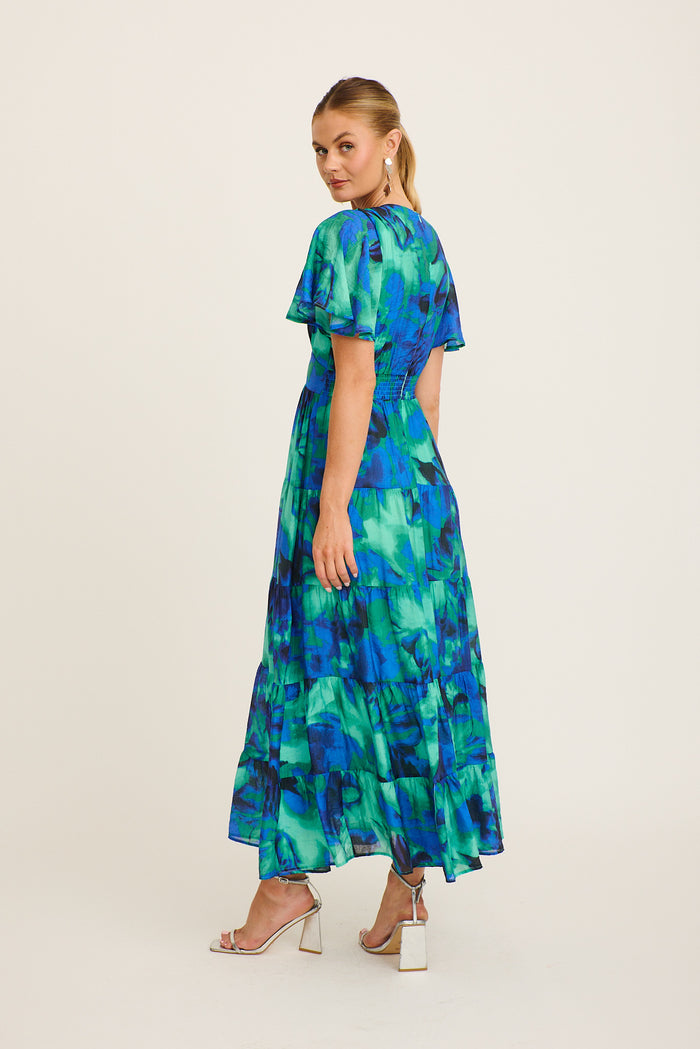 Pastel Symphony Maxi Dress in Blue and Green Watercolour Print back