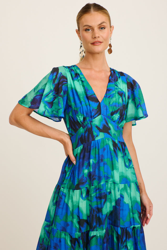 Pastel Symphony Maxi Dress in Blue and Green Watercolour Print front