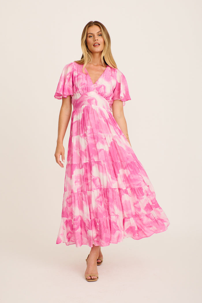 Pastel Symphony Maxi Dress in Pink with White Watercolour Print full length