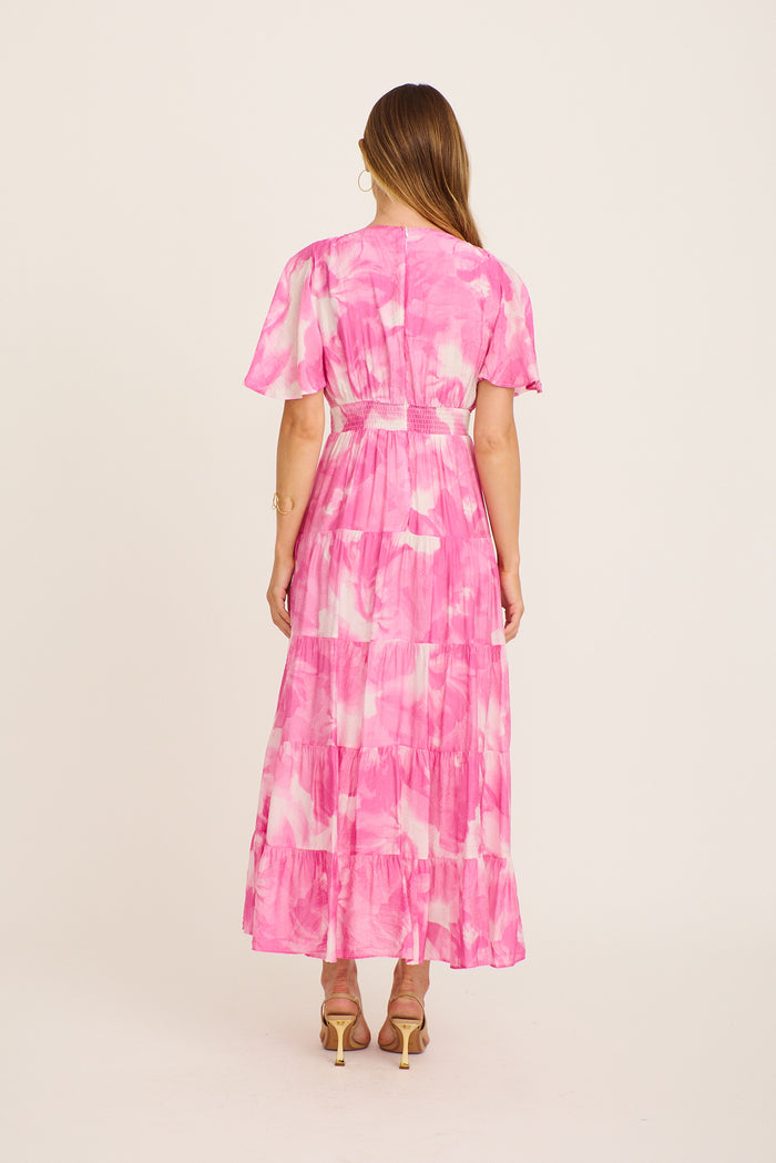 Pastel Symphony Maxi Dress in Pink with White Watercolour Print back