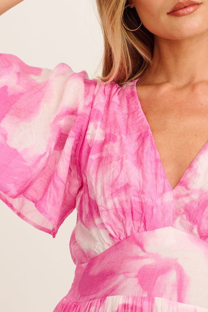 Pastel Symphony Maxi Dress in Pink with White Watercolour Print detail