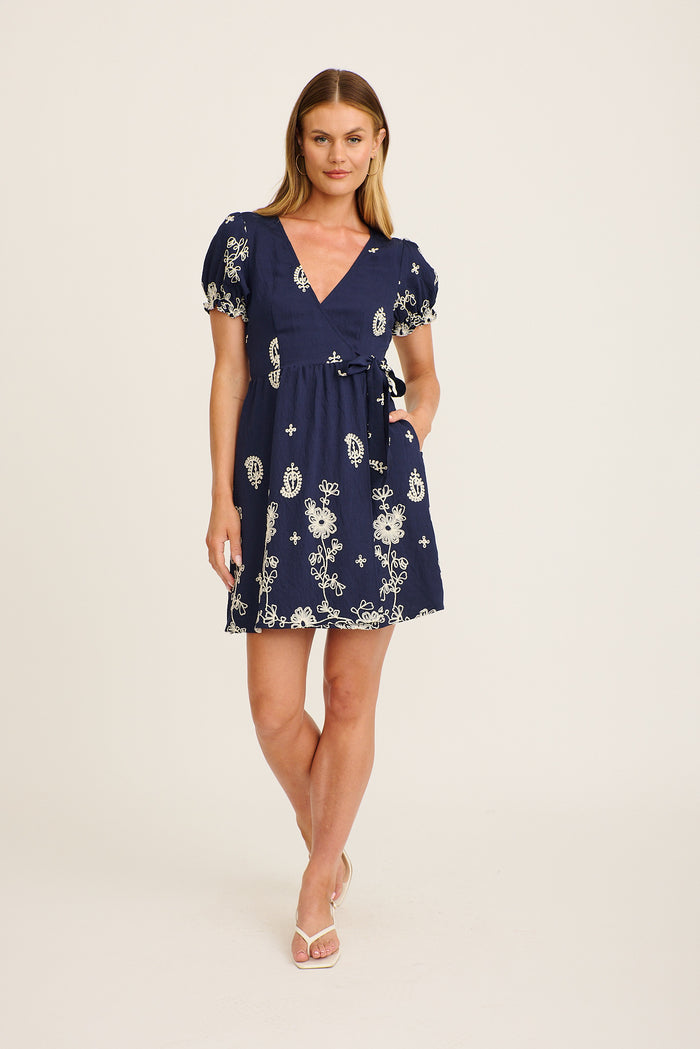 Nera Wrap Dress in Navy with White Embroidery full length
