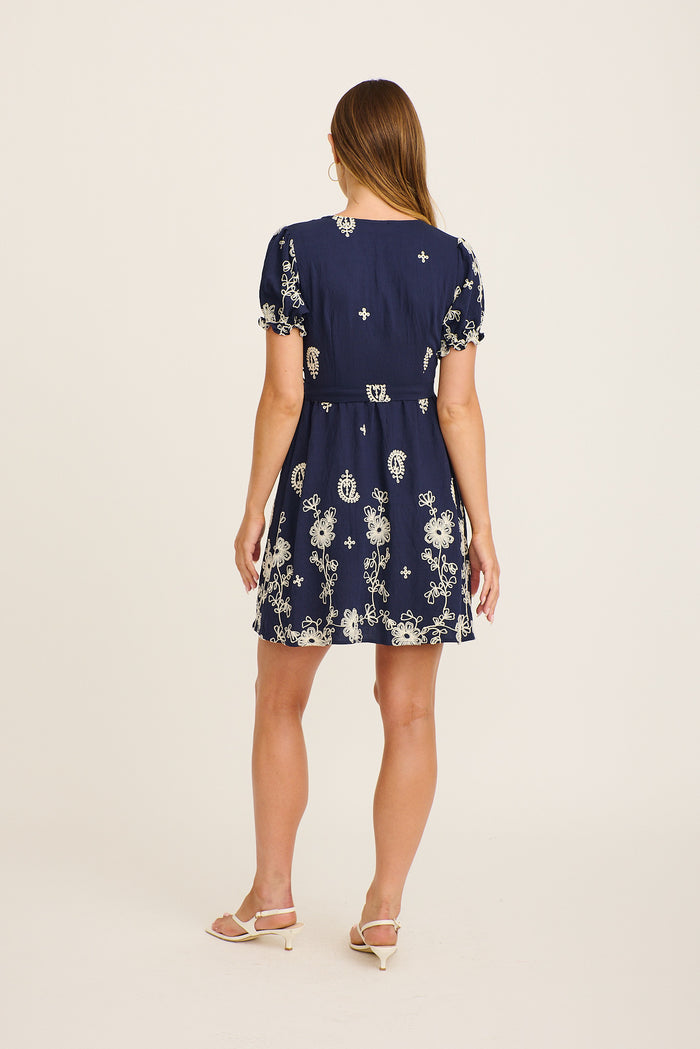 Nera Wrap Dress in Navy with White Embroidery back