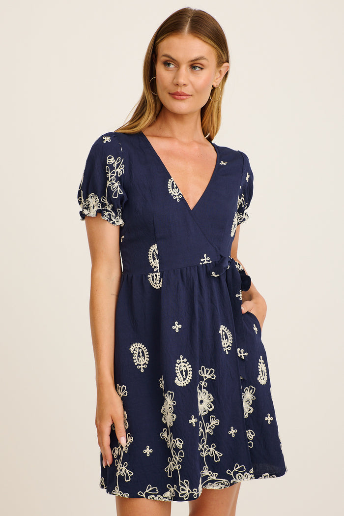 Nera Wrap Dress in Navy with White Embroidery front