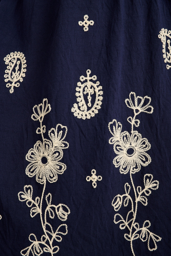 Nera Wrap Dress in Navy with White Embroidery fabric