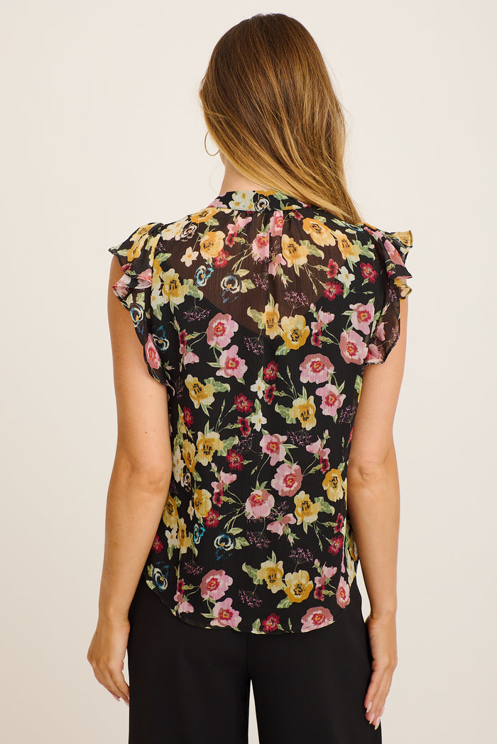 Workday Top in Black with Multi Floral Chiffon back