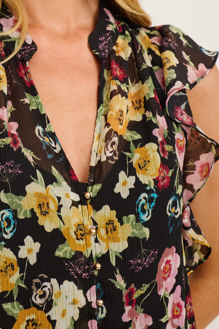 Workday Top in Black with Multi Floral Chiffon detail