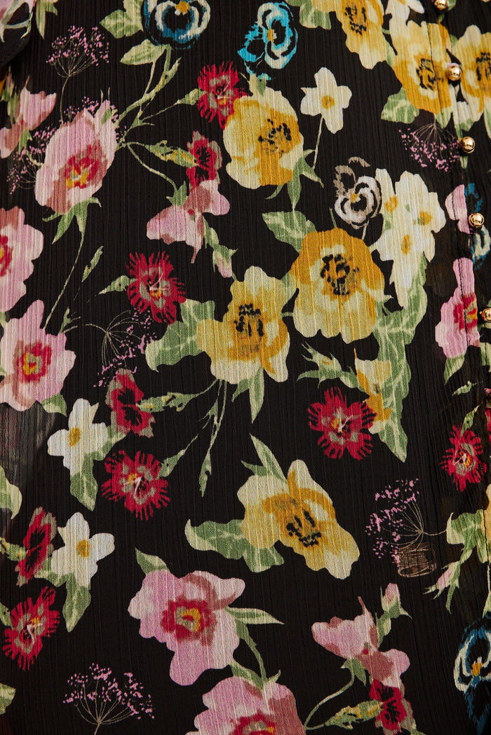 Workday Top in Black with Multi Floral Chiffon fabric
