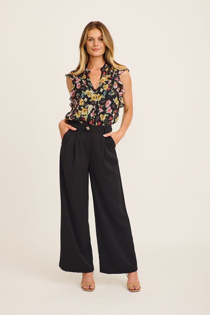 Workday Top in Black with Multi Floral Chiffon full length