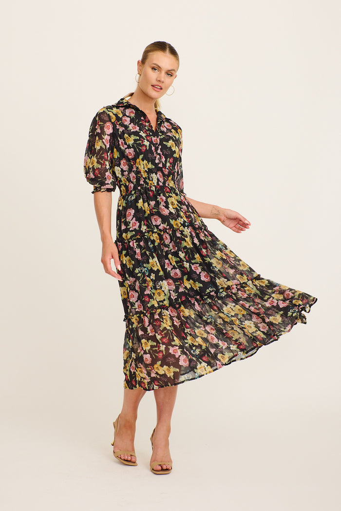 Brittney Midi Dress in Black Multi Floral Chiffon full length