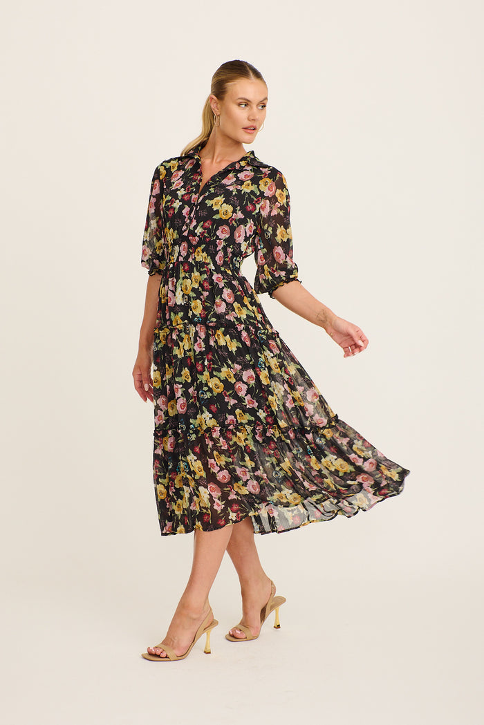 Brittney Midi Dress in Black Multi Floral Chiffon side