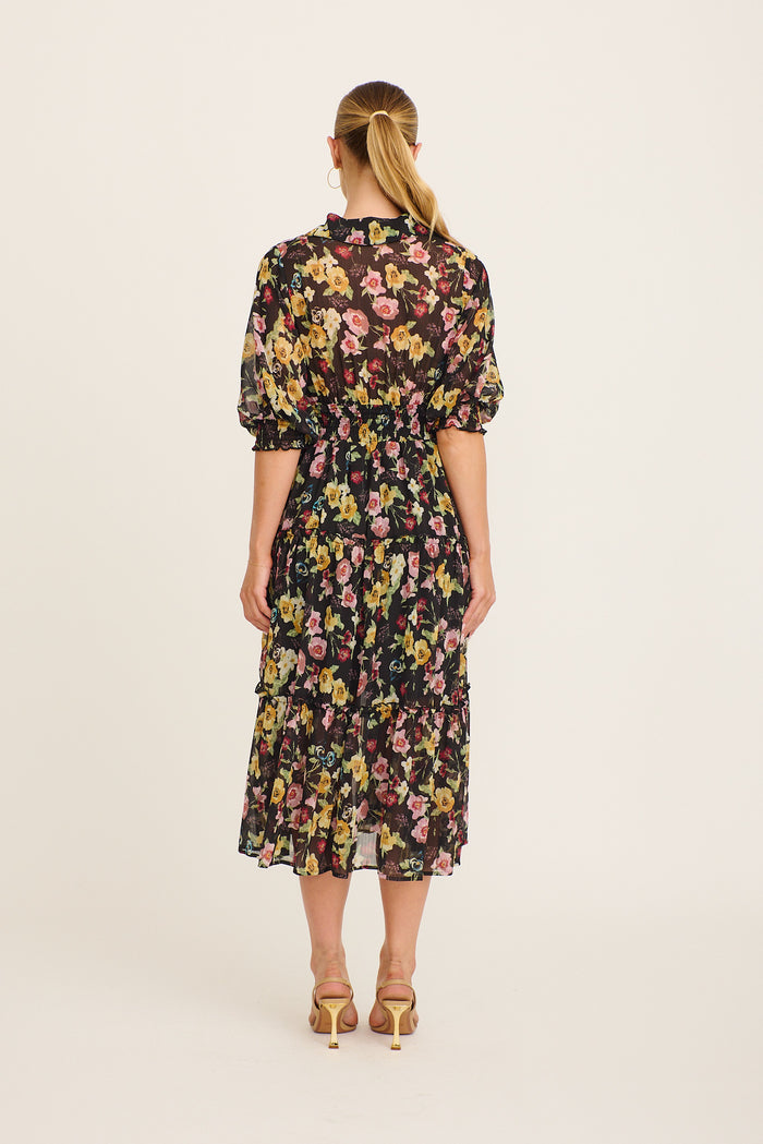 Brittney Midi Dress in Black Multi Floral Chiffon back