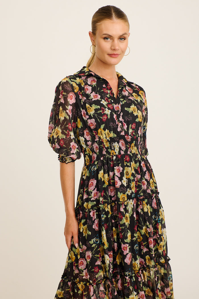 Brittney Midi Dress in Black Multi Floral Chiffon front